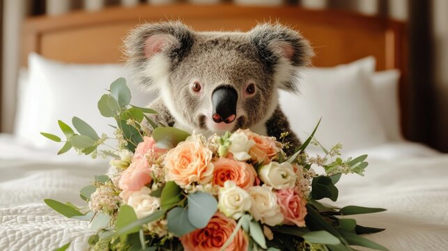 A playful koala peeks from a colorful bridal bouquet atop a bed, surrounded by elegant wedding floral arrangements and soft linens.