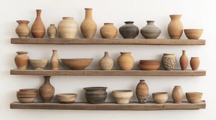 Elegant arrangement of diverse clay vases and ceramic plates on rustic wooden shelves showcasing unique shapes and earthy tones.