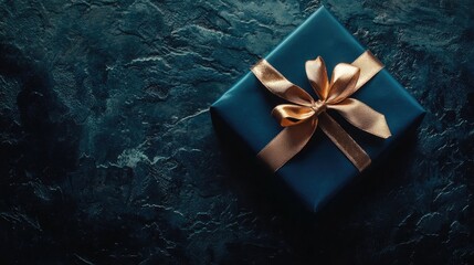 Aerial view of a dark blue gift box with a gold satin ribbon on a textured dark surface, perfect for birthday or holiday celebrations and customizable text space.