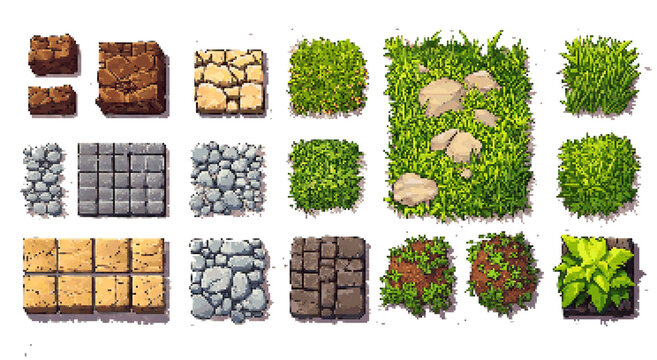 Pixel Art Game Asset Sheet - Grass and Stone Blocks
