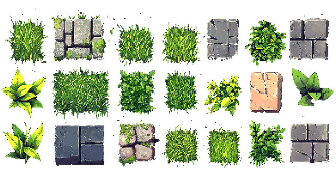 Pixel Art Game Asset Sheet - Grass and Stone Blocks