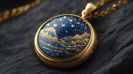 Exquisite Golden Locket Showcasing a Stunning Night Sky Landscape with Intricate Mountain Artwork and Sparkling Star Details