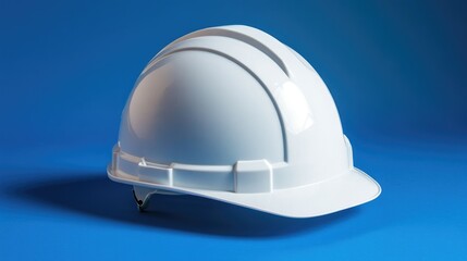 Fototapeta premium White hard hat positioned on a vivid blue background showcasing its smooth surface and classic design, emphasizing safety in construction settings.