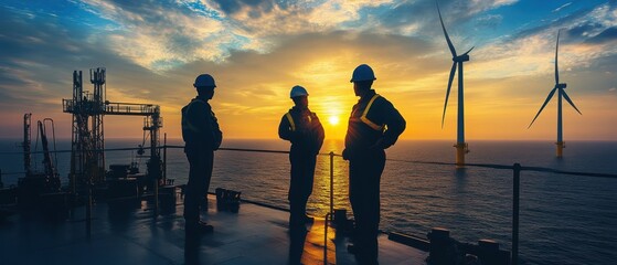 Workers silhouetted against a sunset with wind turbines in the background.