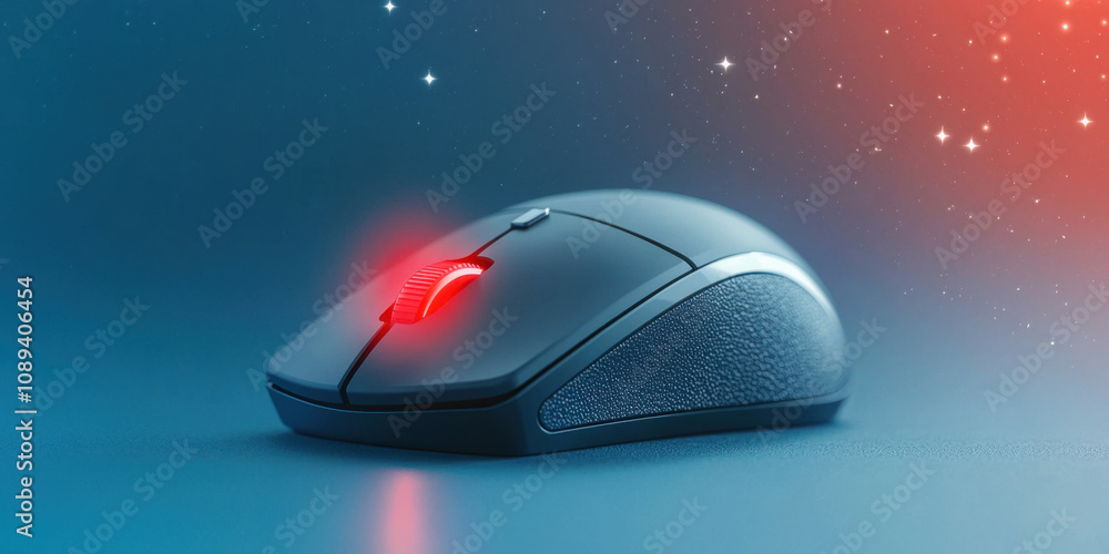 Poster warning cyber and workplace concept. close up of computer mouse with red warning light glowing brigh