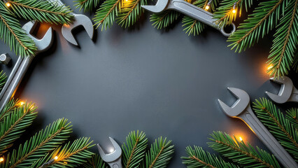 Framed by fir branches New Year banner with tools on black. Postcard with place for greeting text for happy new year with industrial holiday concept
