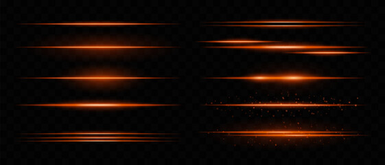Orange light set icon. Horizontal glowing orange streaks with radiant particles, representing energy, speed, and futuristic design on a dark background. Ideal for sci-fi visuals © Dmytro