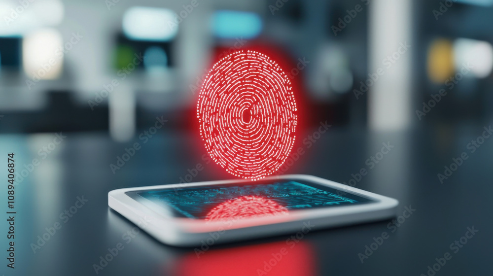 Poster warning cyber and workplace concept. digital fingerprint scanner with holographic display and alert 