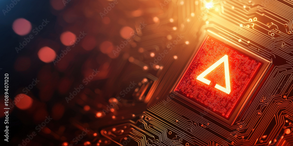 Poster warning cyber and workplace concept. abstract circuit board with warning symbol and glowing lights