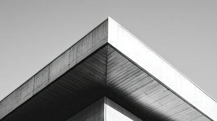 Fototapeta premium Close-up of clean-lined concrete building with sharp angles and blue sky, capturing the simplicity of modern design.