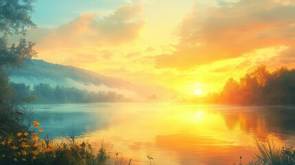 Obraz premium Positive thinking and mindset shift depicted through a sunrise over a serene landscape