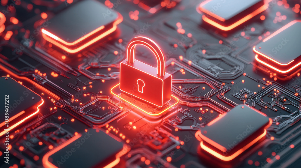 Aufkleber warning cyber and workplace concept. digital lock symbol on circuit board with glowing elements