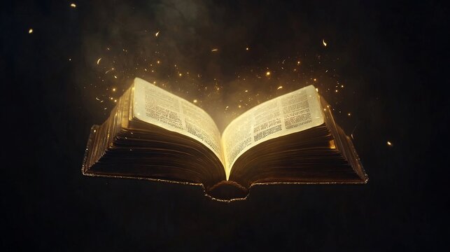 Glowing Open Book Floating in Mystical Dark Room Releasing Ancient Knowledge