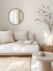 Cozy and stylish small apartment living room. The space uses light colors like soft white and beige to create a sense of openness. A multifunctional furniture such as a sofa bed with storage.3D render