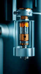 A close-up image of a mechanical component, showcasing intricate details, metallic elements, and a modern design with orange and silver accents.