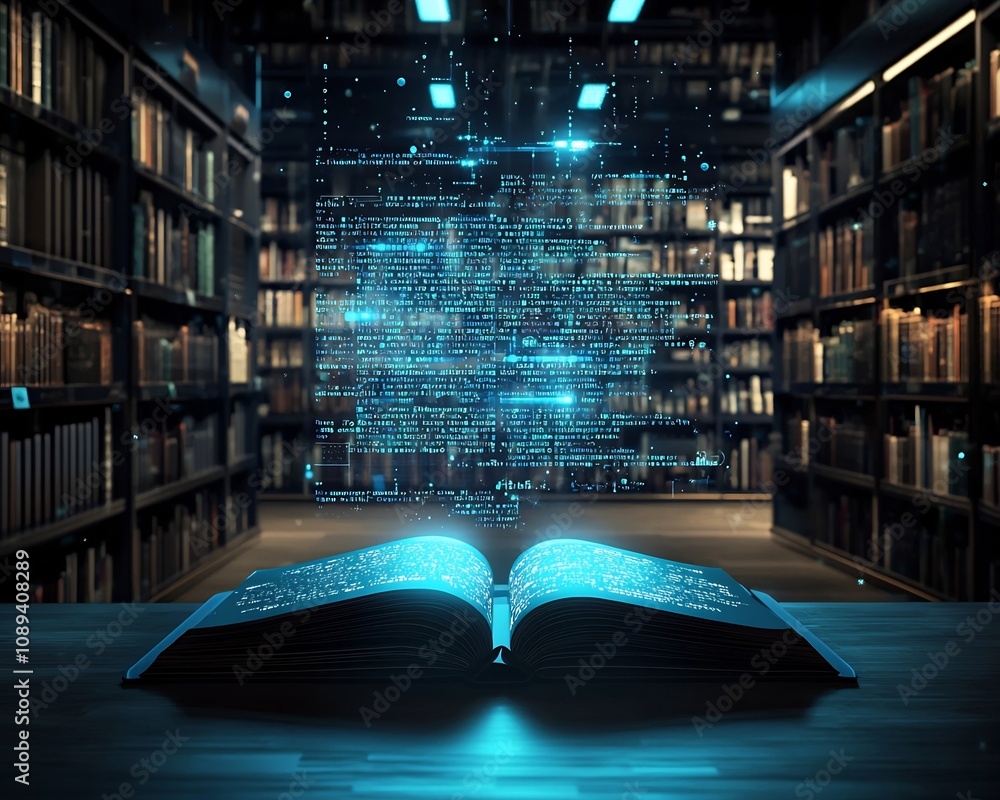 Poster adaptive futuristic library rearranging words in real time for reader s needs