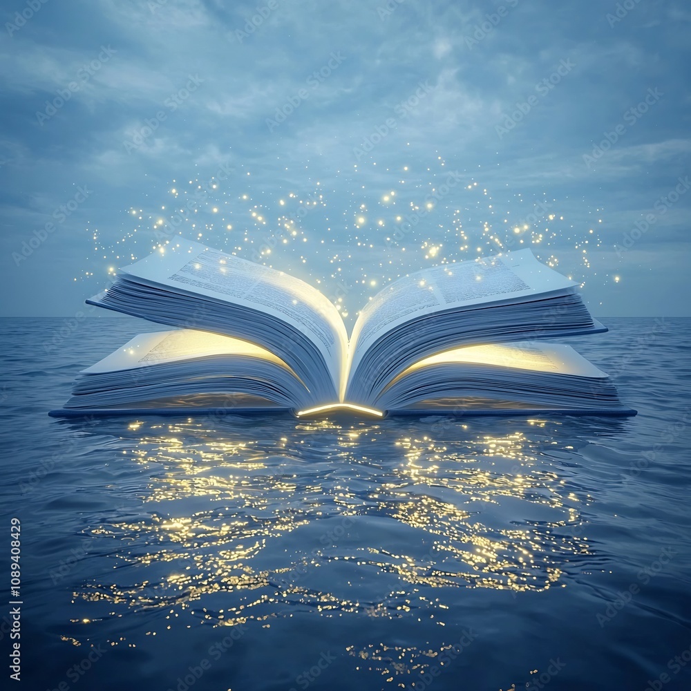 Poster floating open book illuminating the surrounding sea symbolizing the spreading of knowledge