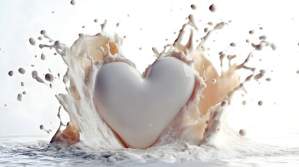 Splash milk abstract background, heart milk isolated 3d rendering. Splashes of cream in the shape of a heart . Food concept.