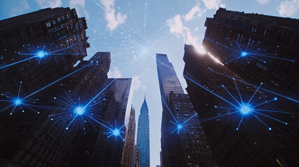 Smart digital Innovation Business skyscrapers in the Financial District with connection network reciprocity over the cityscape. of future smart wireless digital city and social media networking
