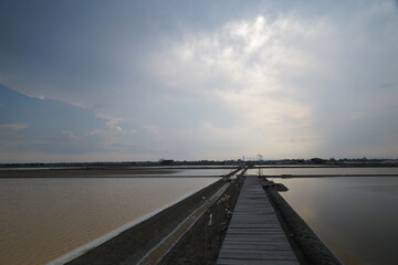 Serene sunset reflection over salt pans coastal region landscape photography calm environment wide angle nature's beauty