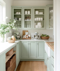 A light green and white kitchen with an open corner cabinet, a coffee station in the center of it, shelves on one side filled with food items, wooden floors, cabinets with glass doors above. 3D render