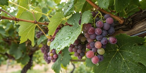 Overhead shot of a grapevine covered in sweet, juicy grapes and tiny water droplets hanging from the vines, fruit clusters, farm fresh, dewy freshness, lush foliage