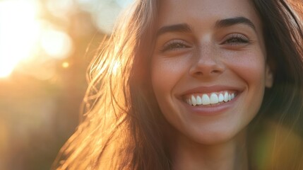 Fototapeta premium A joyful woman smiling warmly in a sunlit outdoor setting.