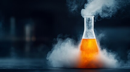 Boiling Point Breakthrough: Glowing amber liquid in an Erlenmeyer flask emits a dramatic plume of dry ice smoke against a dark backdrop.  A captivating image for science, innovation, and discovery. 