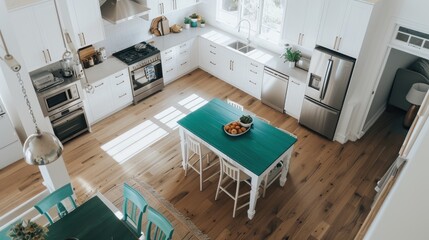 Bright and Airy Kitchen with Teal Island in Open Layout Home