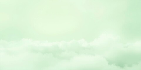 Obraz premium Pastel green wallpaper with a subtle gradient effect showcasing an ethereal abstract landscape of clouds and mist, soft focus, natural motifs, serene scenes