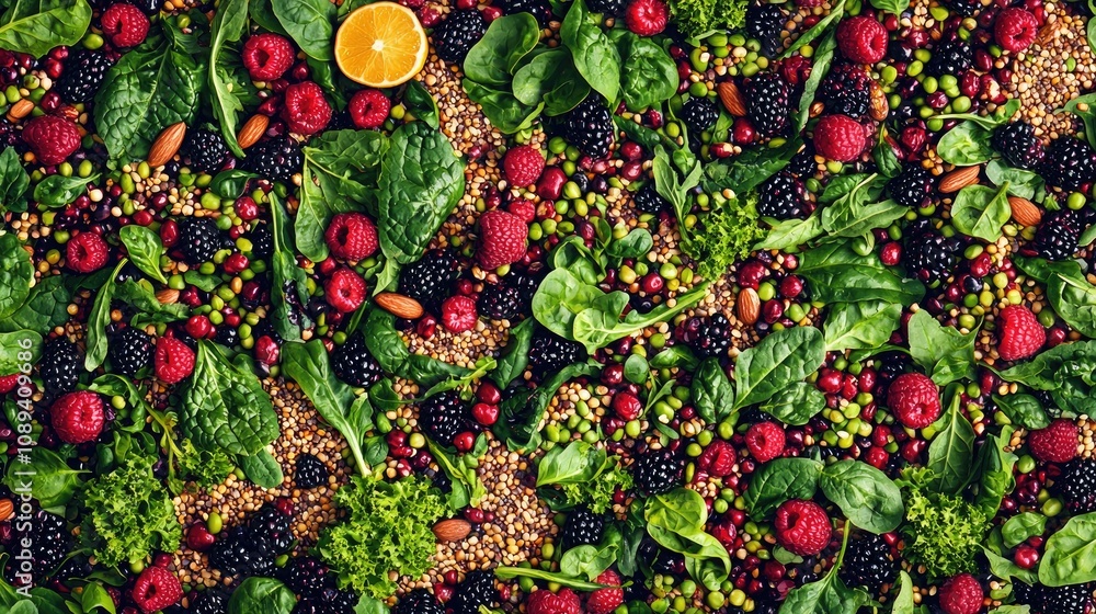 Poster A repeating pattern of nutritious foods such as leafy greens, berries, and grains, creating a vibrant background. 