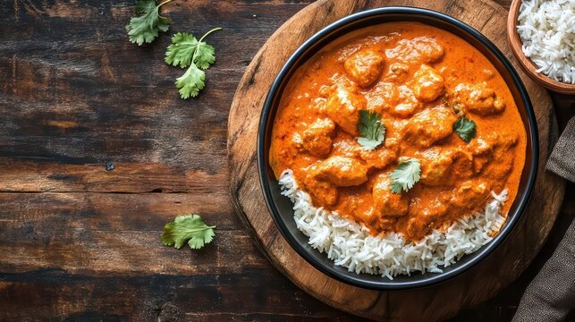 A bowl of chicken tikka masala with white rice and cilantro garnish, shot from above on a wooden table.