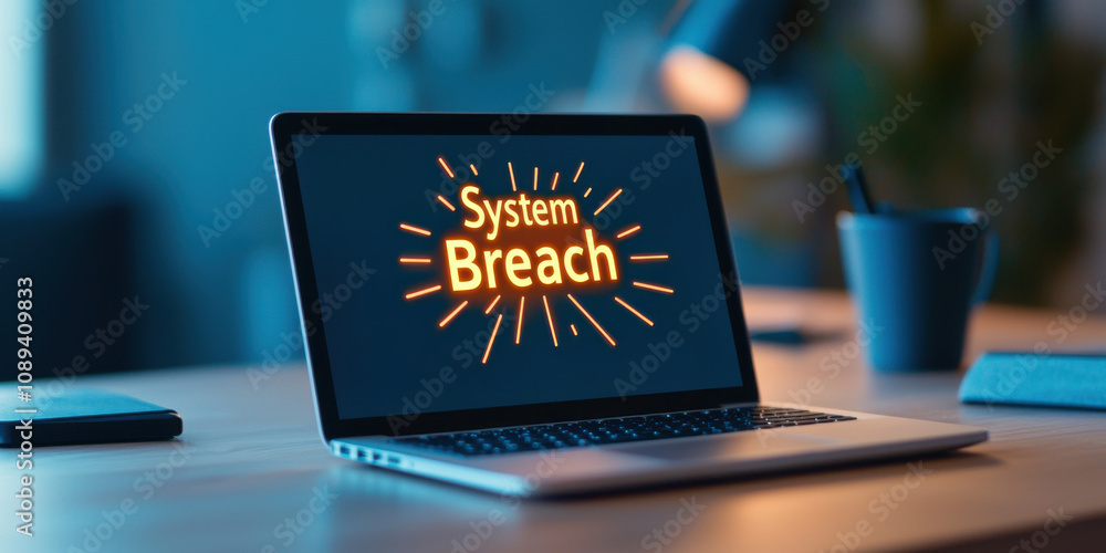 Poster warning cyber and workplace concept. office desk with laptop displaying system breach alert, creatin