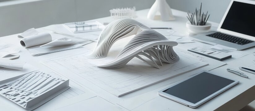 A clean and modern workspace table with a striking architectural model of a futuristic art gallery for 2025, surrounded by sketches, high-tech tablets, and drafting tools