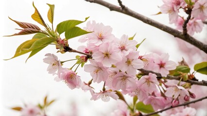 Pink cherry blossoms on a branch with some greenery, beautiful blossoms, flower branch
