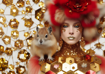Fototapeta premium models for luxury fashion line , wearing, gold and red, sequins, pop, beautiful, with hexagon pattern, cool hyrax fur, retro vintage 1960, 1970,