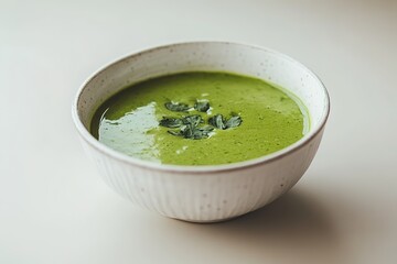 Bowl of fresh green soup with herbs on top