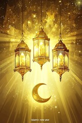 Obraz premium Vector illustration of three hanging lanterns with the words 