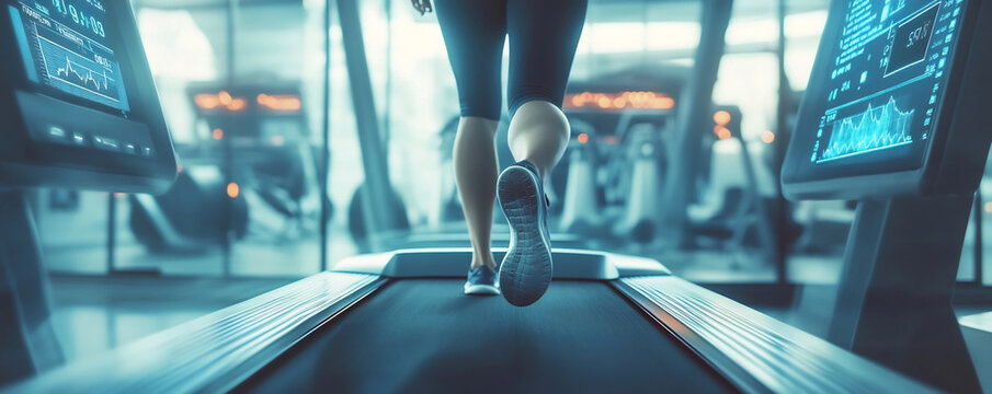 Woman Jogging on Treadmill in Sleek Medical Clinic with Digital Fitness Tracking - Powered by Adobe