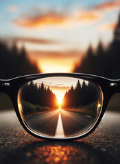 Glasses, the road is seen in sharp focus, leading towards a bright sunset in the distance clearly see the future