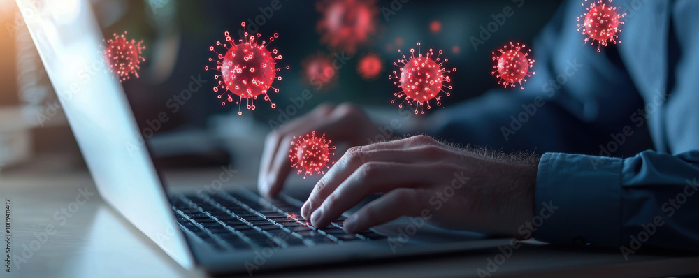 Aufkleber warning cyber and workplace concept. digital warning of viruses while typing on laptop keyboard