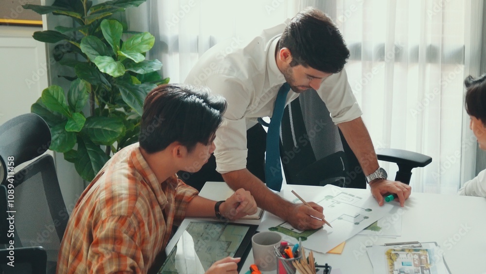 Poster top view of smart project manager or civil engineer writing at blueprint and planning building desig