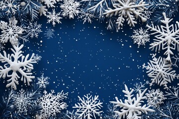 Snowflakes on dark blue background with white space for text in simple flat style