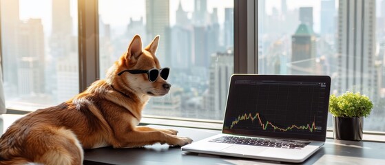Dog with Sunglasses Observing Ethereum Charts in Urban Apartment