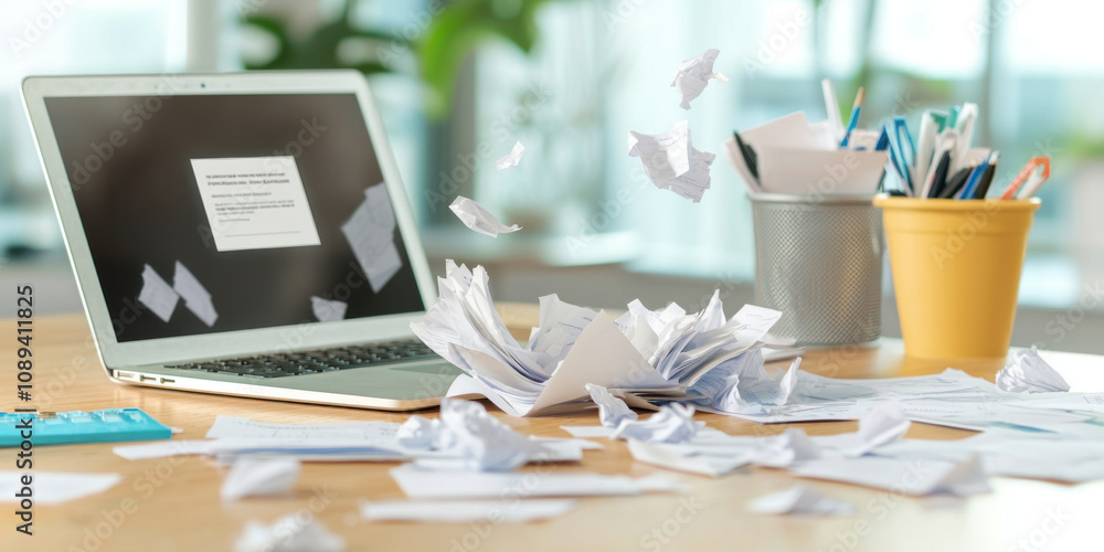 Poster warning cyber and workplace concept. cluttered office desk with documents and laptop displaying mess