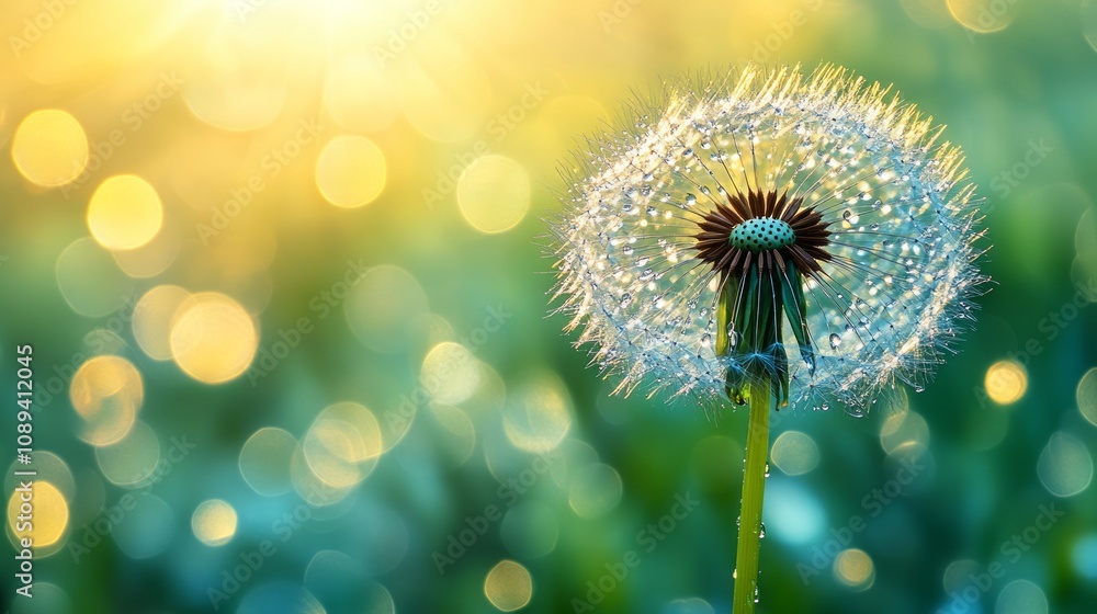 Poster a close-up of a dandelion puff illuminated by soft sunlight, creating a dreamy atmosphere.