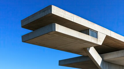 Concrete architectural structure with smooth surfaces and crisp lines, against a bright, cloudless blue sky.