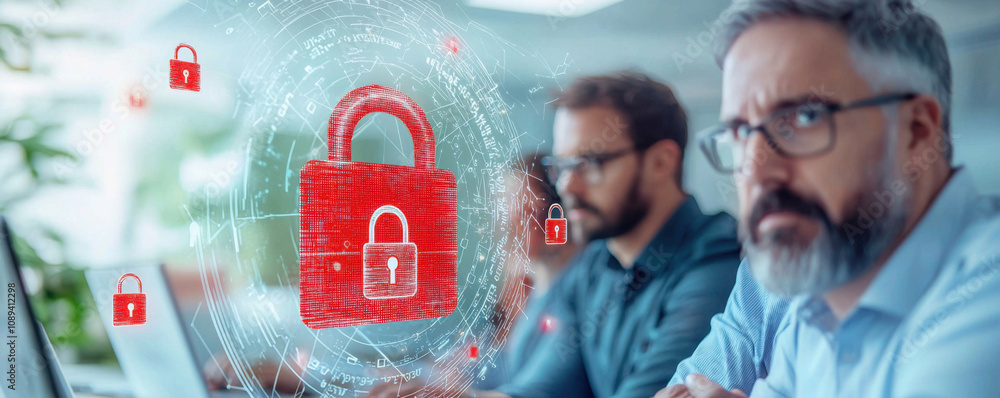 Poster warning cyber and workplace concept. secure digital environment with professionals focused on cybers