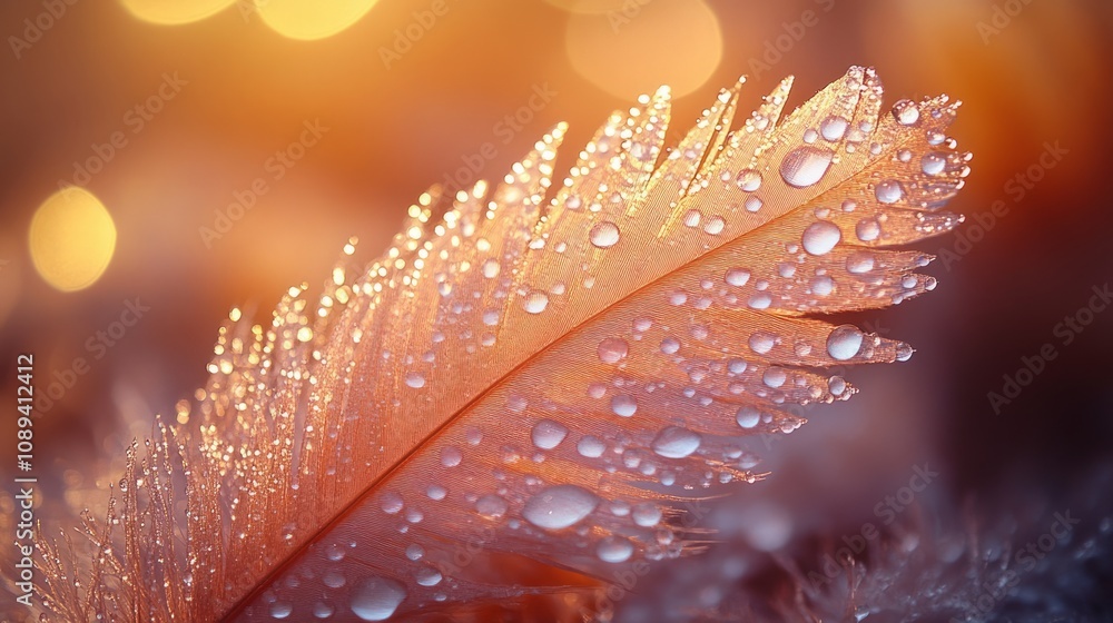 Poster a close-up of a delicate feather adorned with water droplets, illuminated by soft light.
