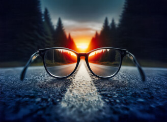 Glasses, the road is seen in sharp focus, leading towards a bright sunset in the distance clearly see the future